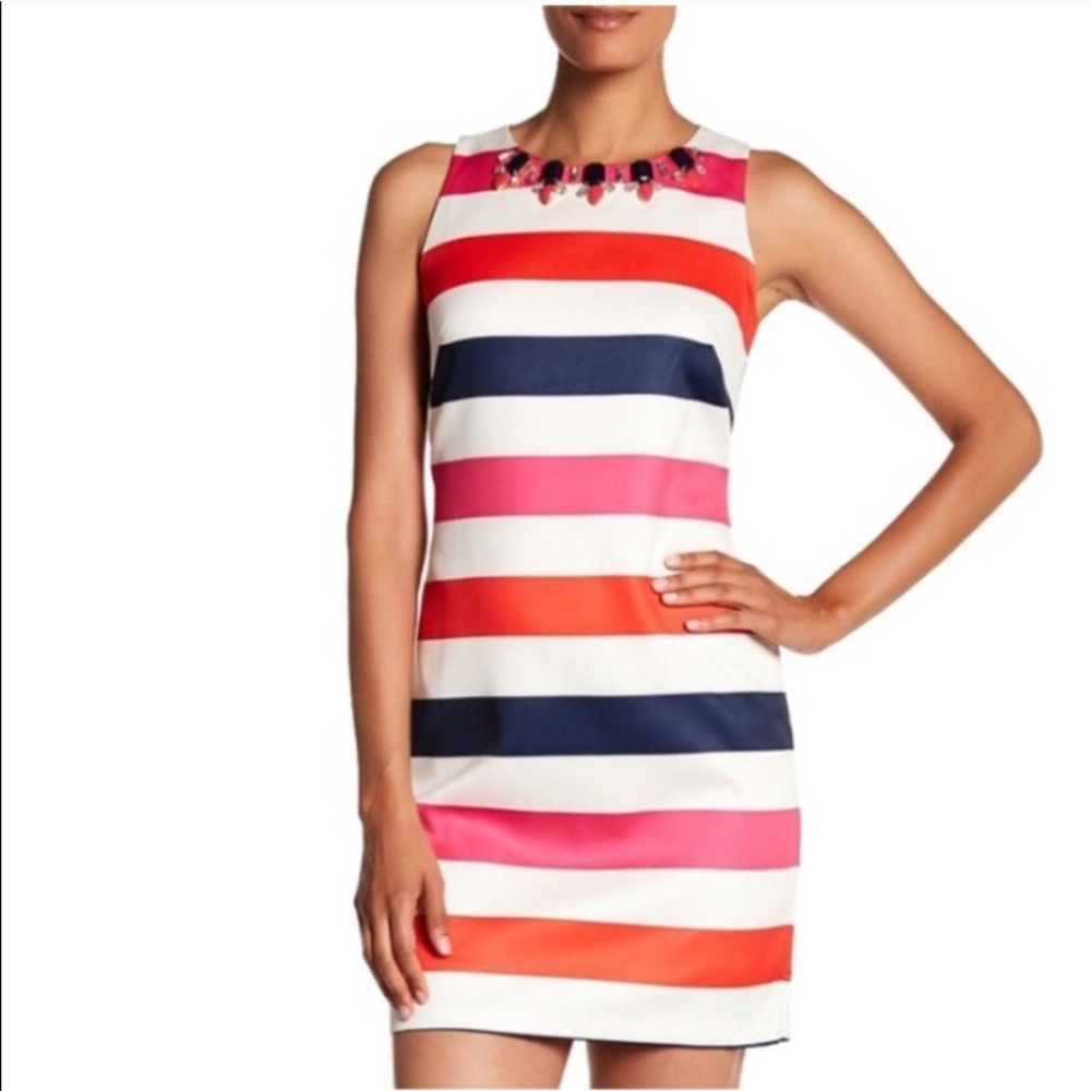 Vince Camuto- Beaded Collar Striped Shift Dress